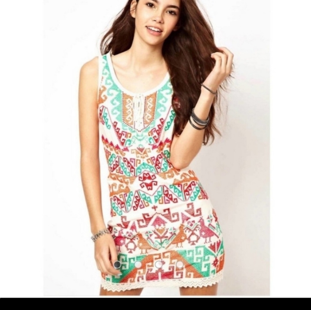 Free People Linen Cream White Crotchet Aztec Southwestern Sleeveless Dress